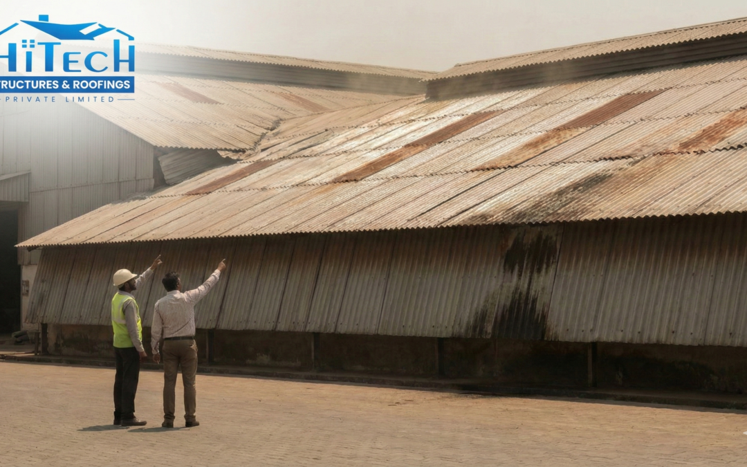 Industrial roofing mistakes seen in a Chennai factory building, including uneven sheets, rust spots, and poor roof detailing