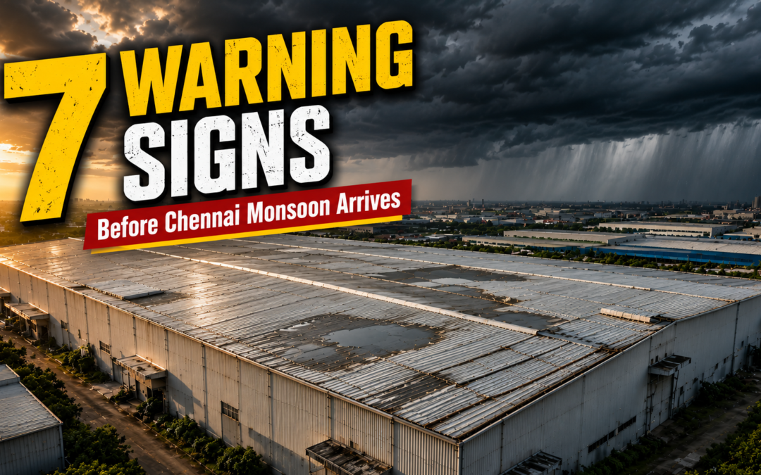 Factory roof inspection in Chennai showing roofing warning signs before monsoon including water ponding, rust, and roof damage