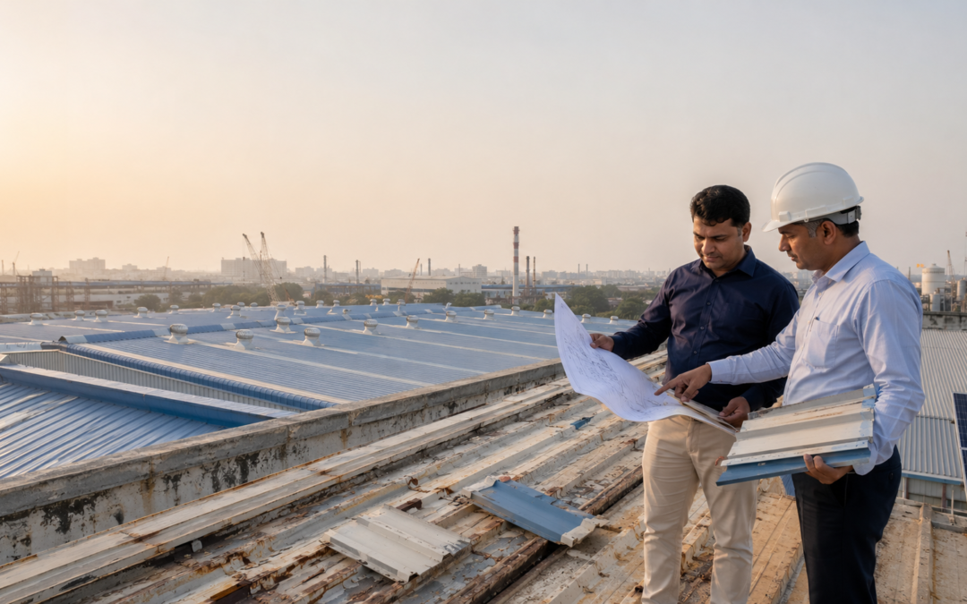 Industrial factory roof inspection in Chennai with factory owner and site engineer discussing industrial roofing damage, UPVC roofing upgrade solutions, and rooftop maintenance during sunrise inspection on a large warehouse shed.