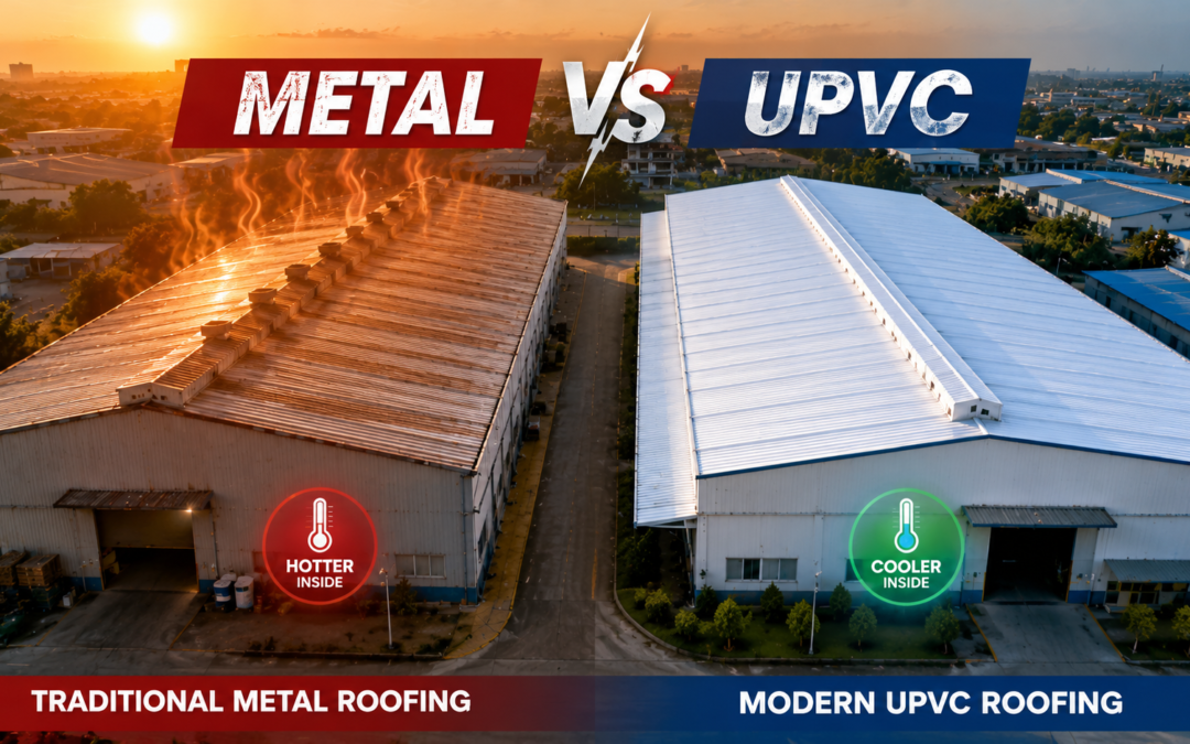 UPVC Roofing vs Metal Roofing comparison for industrial warehouses in Chennai showing heat reduction performance